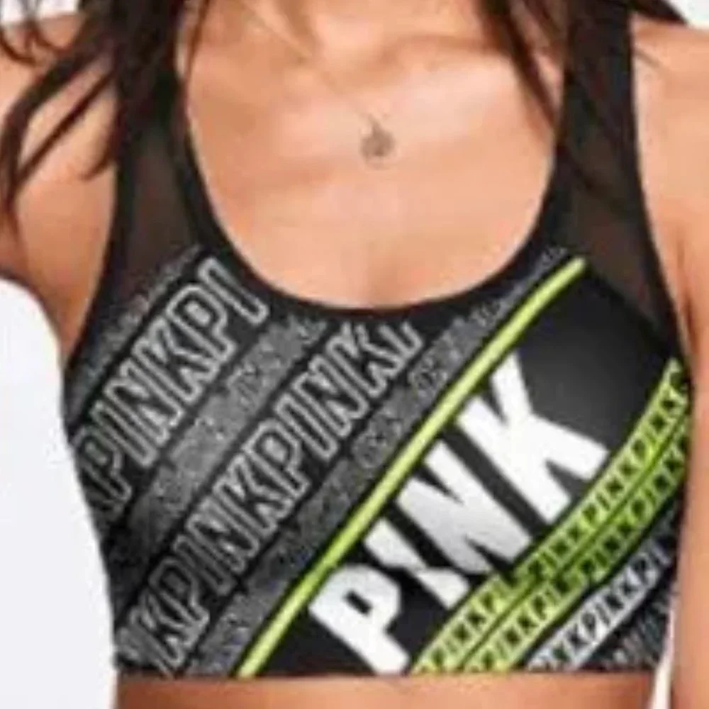PINK Victoria's Secret Ultimate Unlined Logo Print Sports Bra Black Yellow S